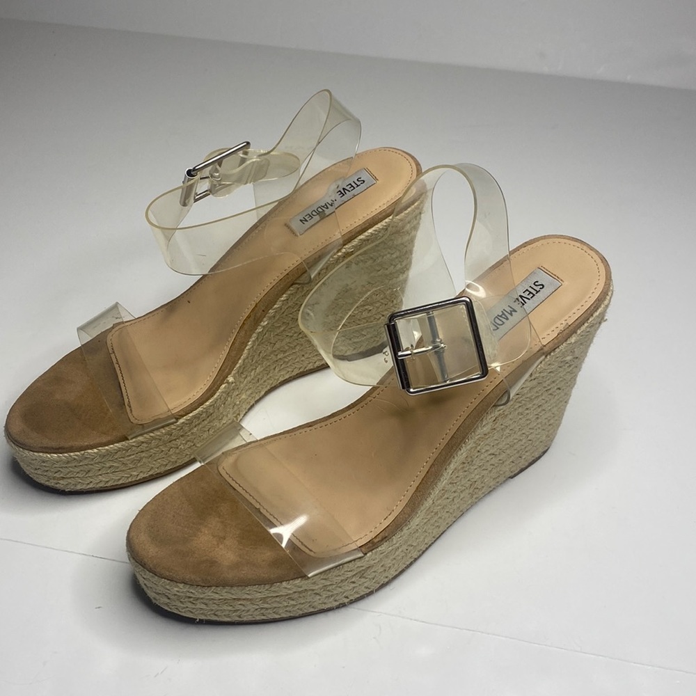 Steve Madden Womens Clear Strap Wedge Heels Open Toe Espadrille Sandals Size 10